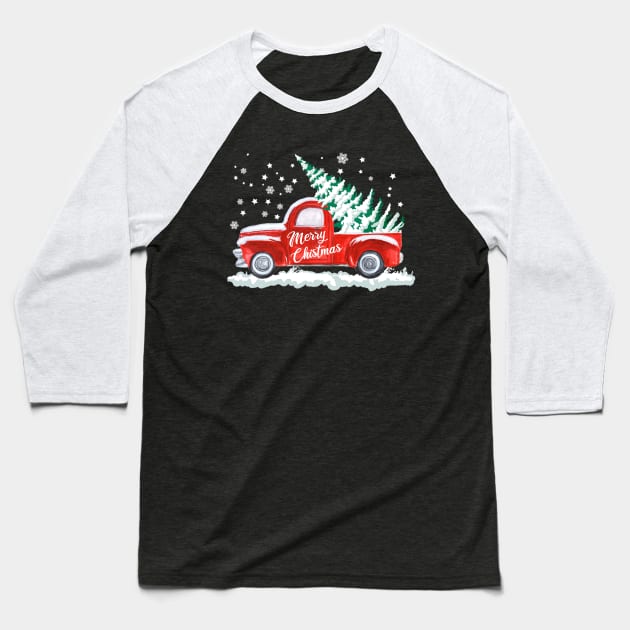 Merry Christmas Retro Vintage Red Truck Baseball T-Shirt by Kimko